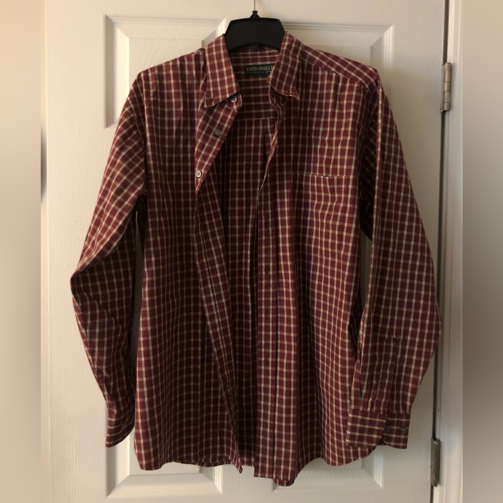 John Phillip Men’s Button down shirt, size L, burgundy/cream checkered design